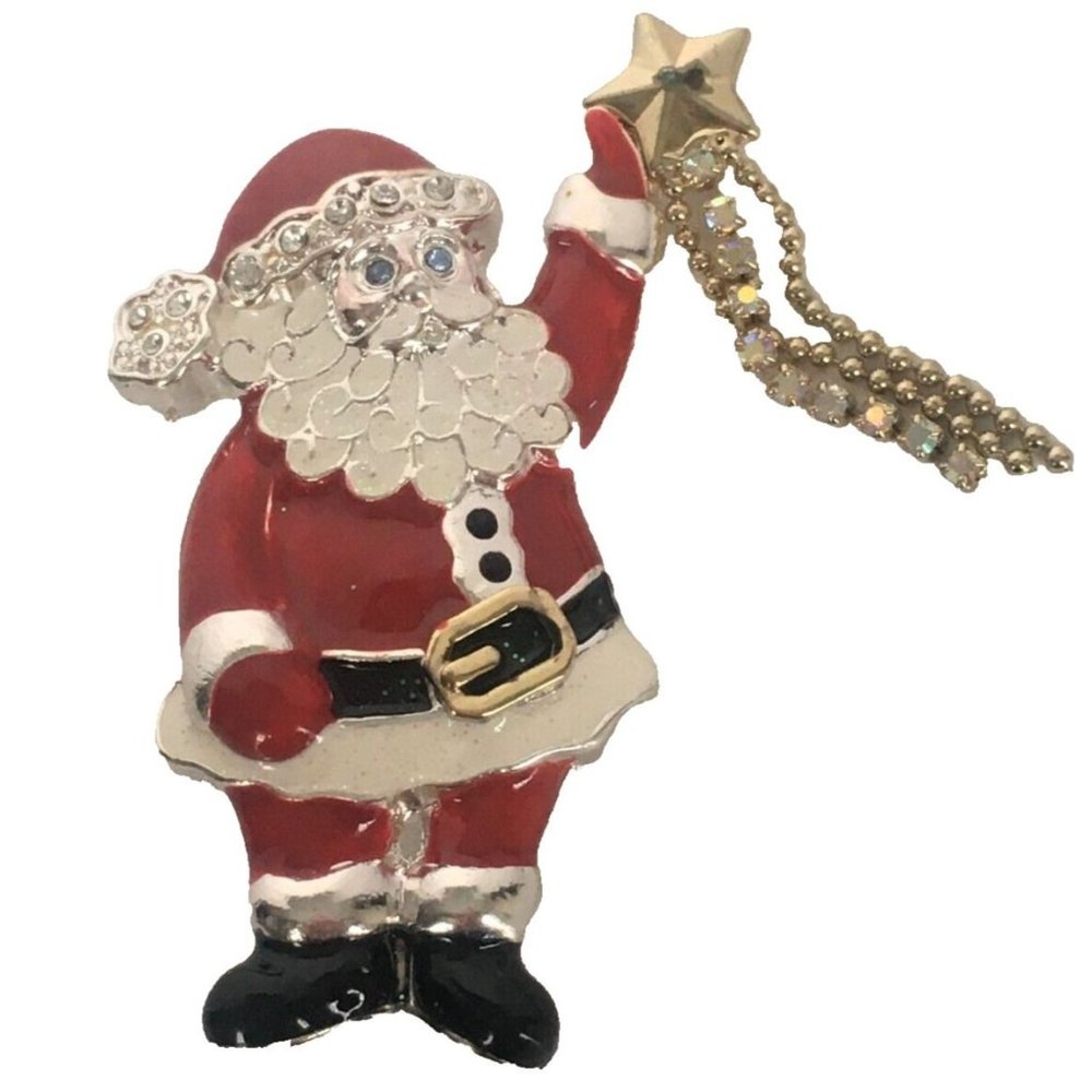 Santa Claus Pin Brooch Holding Star Clear Rhinestones Christmas Holiday Gift - Picture 1 of 5